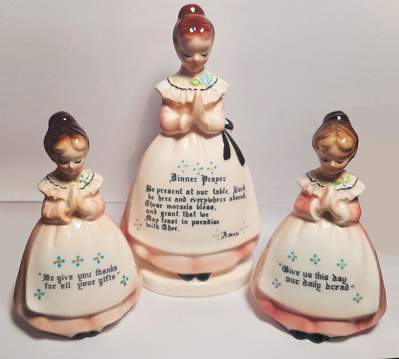 Nice Vintage Enesco Dinner Prayer Figures Set - Mom Napkin Holder & Daughter S&P