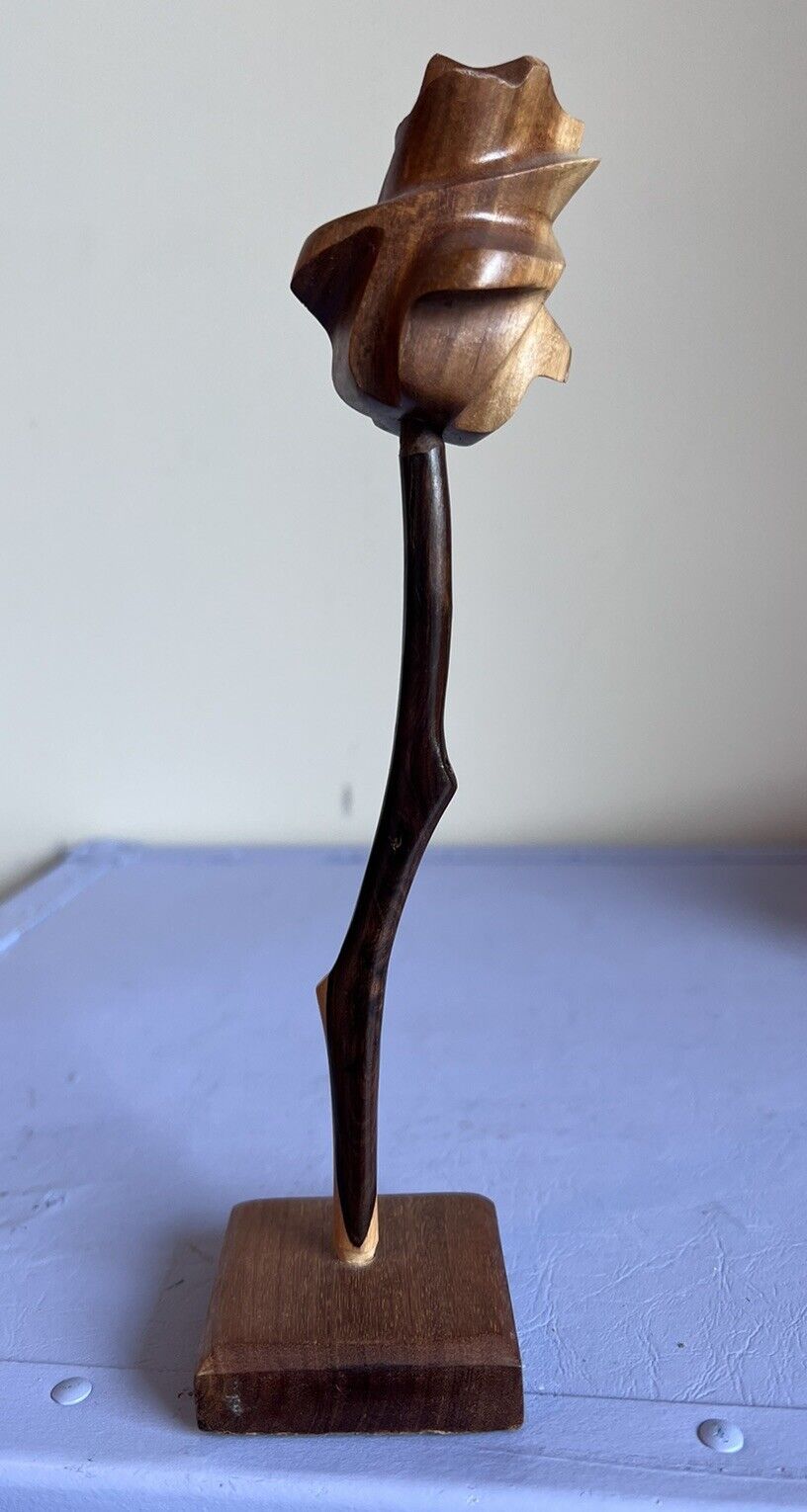 Vintage Hand Carved Wood Rose on Base in Beautiful Read