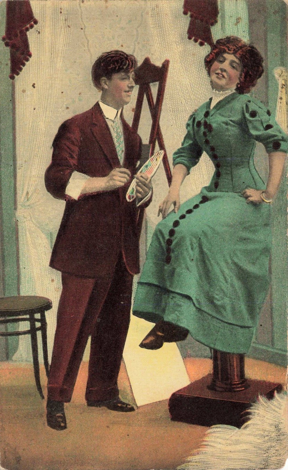 Postcard Man Women Victorian Romance Art Painter Early 1900s