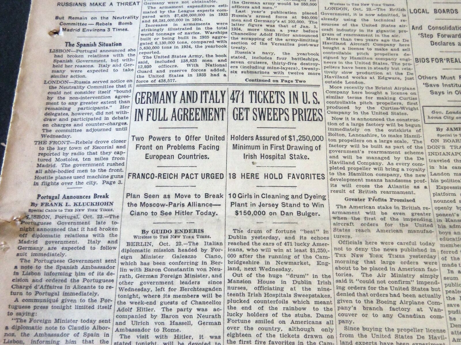 1936 OCTOBER 24 NEW YORK TIMES - GERMAN AND ITALY IN FULL AGREEMENT - NT 6704