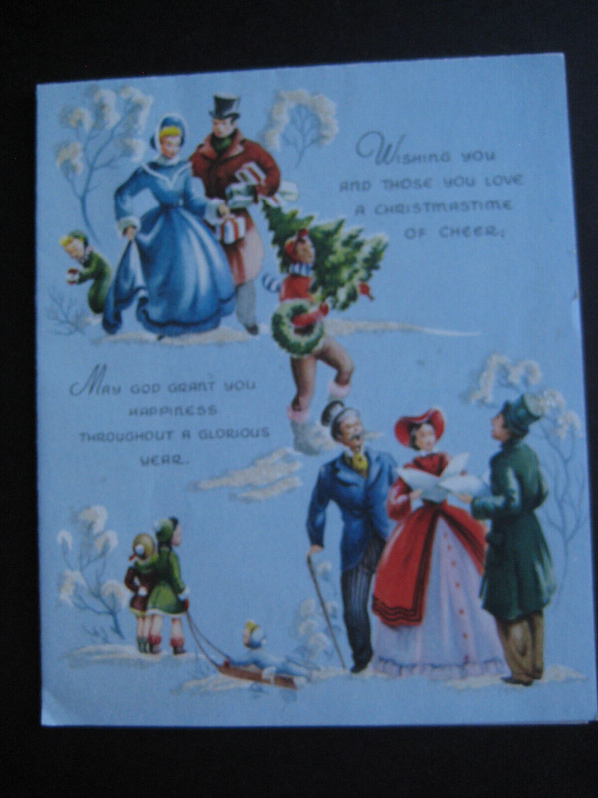 1940s vintage greeting card Sunshine Line CHRISTMAS People Shop, Carol, Sledding