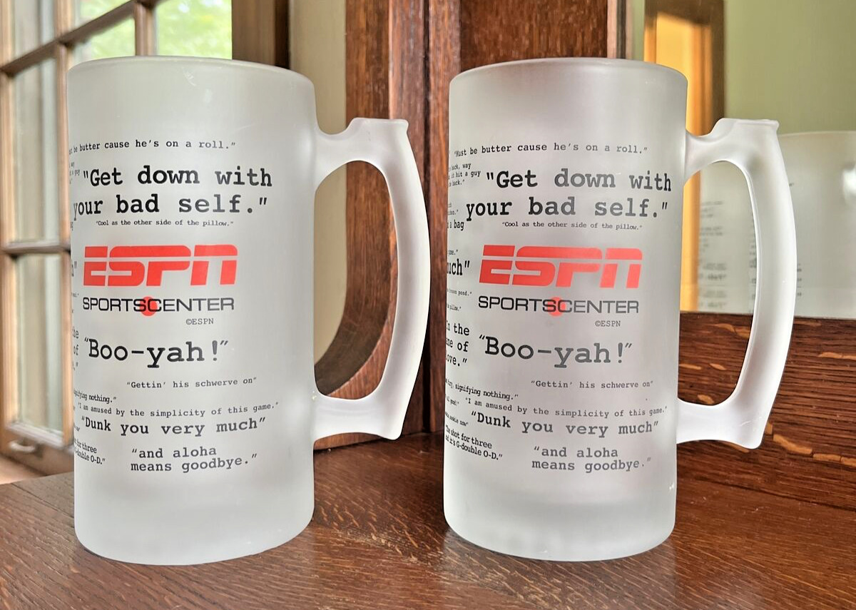 2 ESPN Sportscenter Frosted Mugs Quotes Collectible ESPN Glass Beer Stein 24 oz