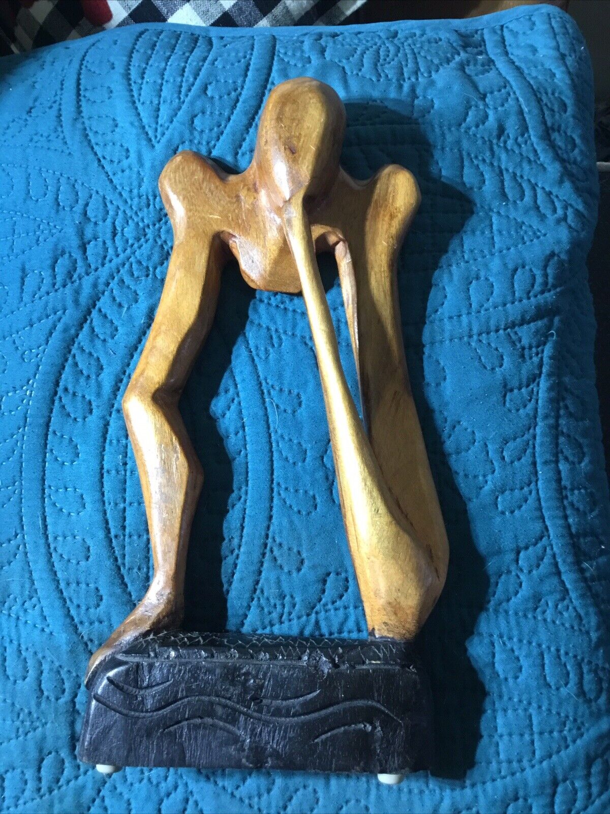 Hand carved Thinking Man wooden Abstract sculpture figurine 13” Rare One Of A Ki