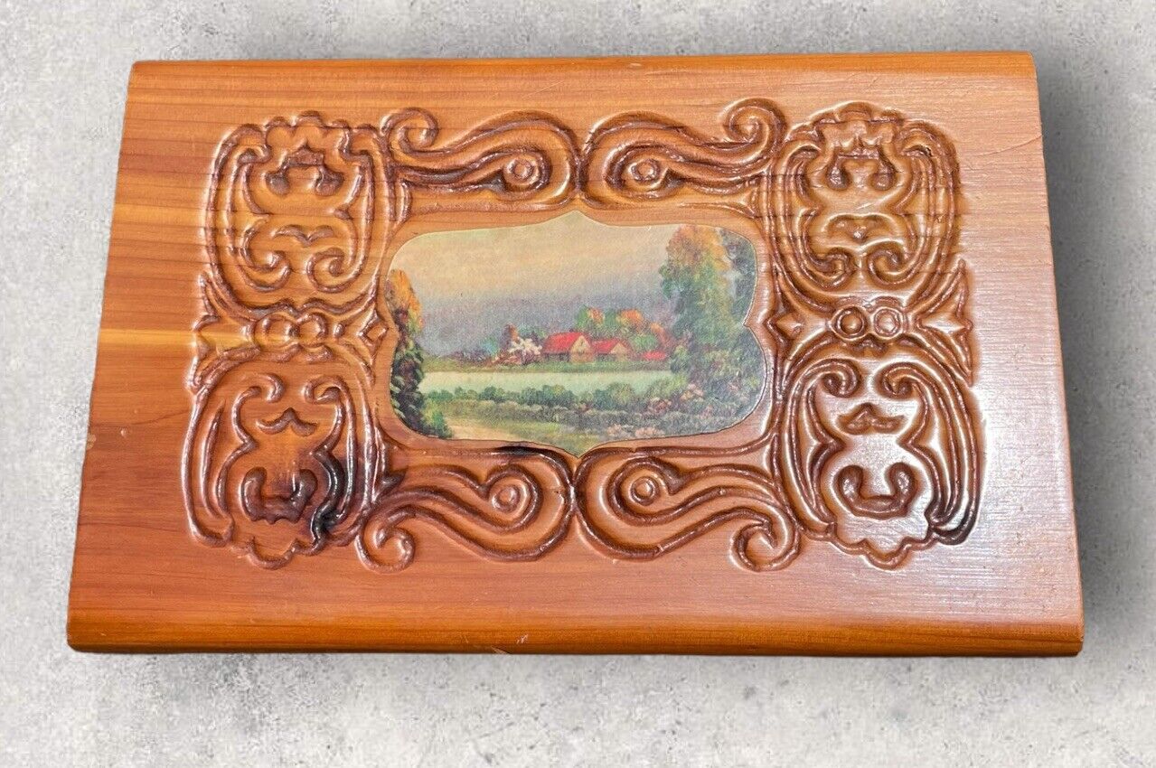 Vintage Wooden Hand Carved Box Hinged Lid With Lake and Home Design