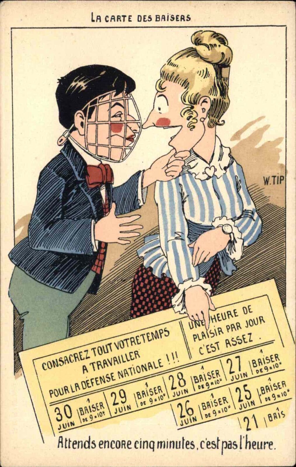 Henpecked Husband Comic Man w/ Caged Face French c1920s Postcard