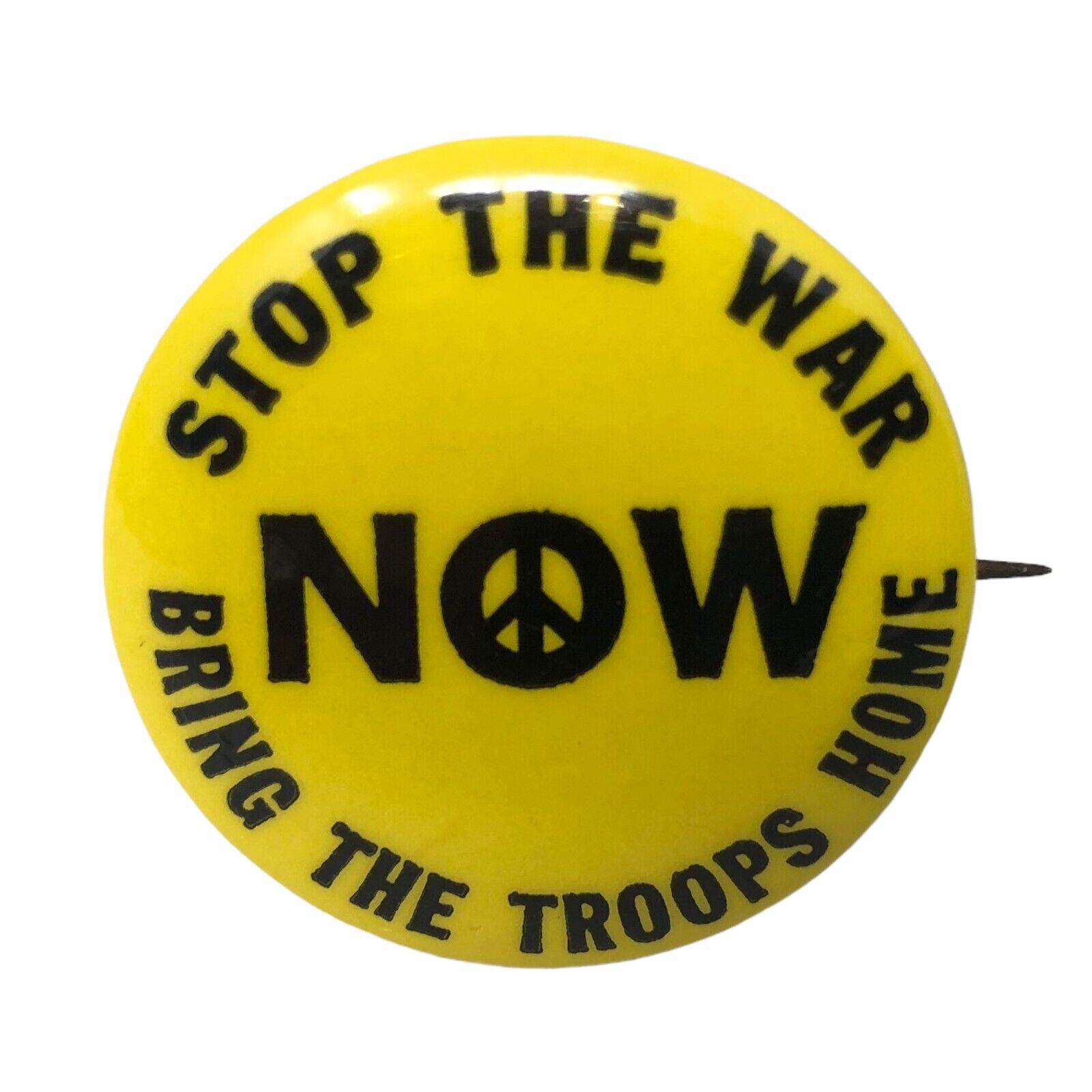VTG Stop The War NOW Bring The Troops Home Vietnam War Yellow Pin Button Protest