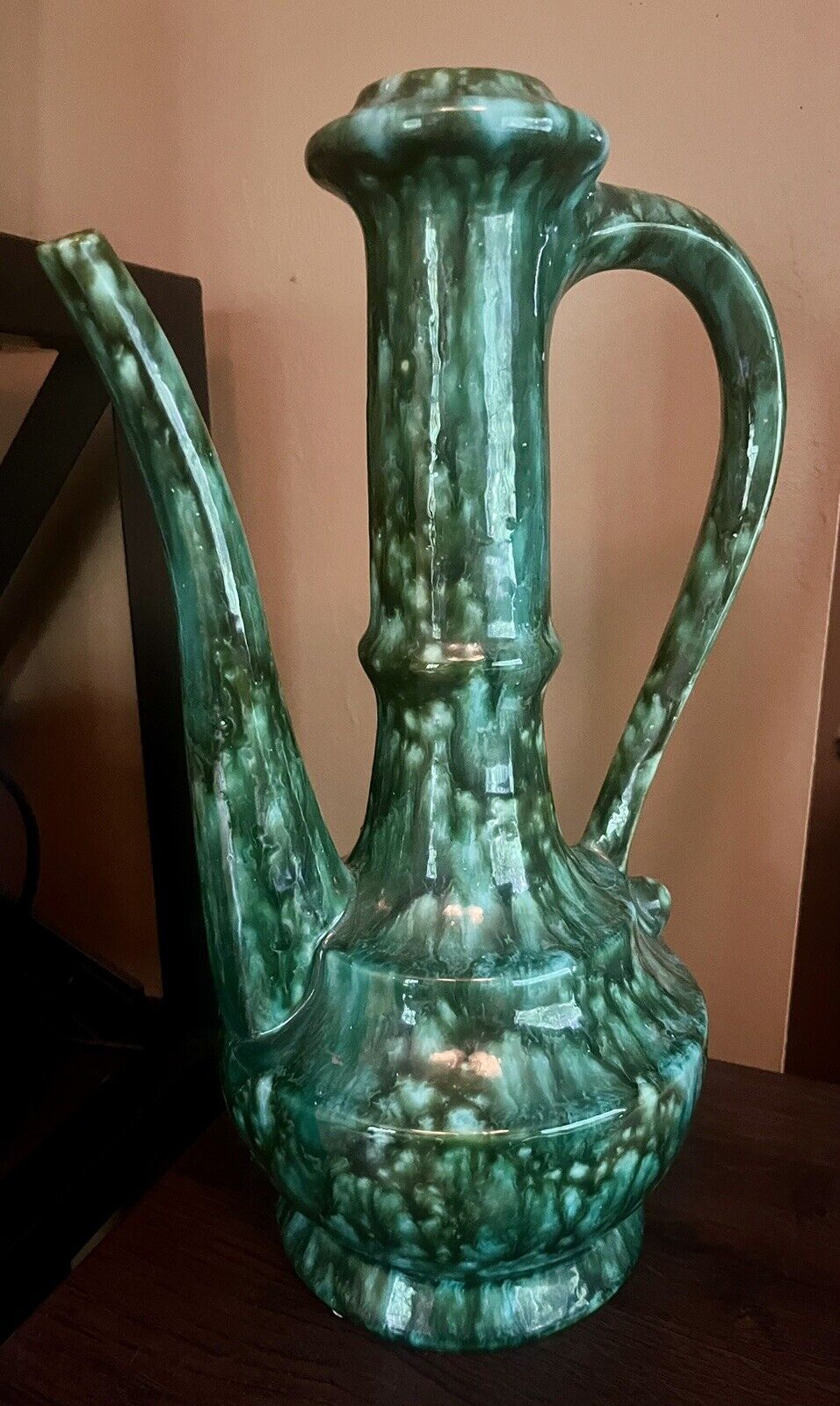 Vintage Mid Century Modern Ceramic Art Pottery Drip Glaze Genie Bottle Green
