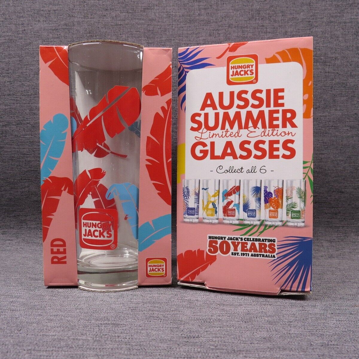 2 x Hungry Jacks Drink Glasses AUSSIE SUMMER 50 YEARS  16cm Tall  Blue Red Boxed