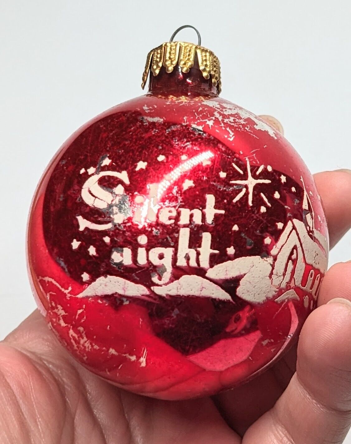 Vintage Silent Night Glass Round Ornament, Red w Glitter West Germany