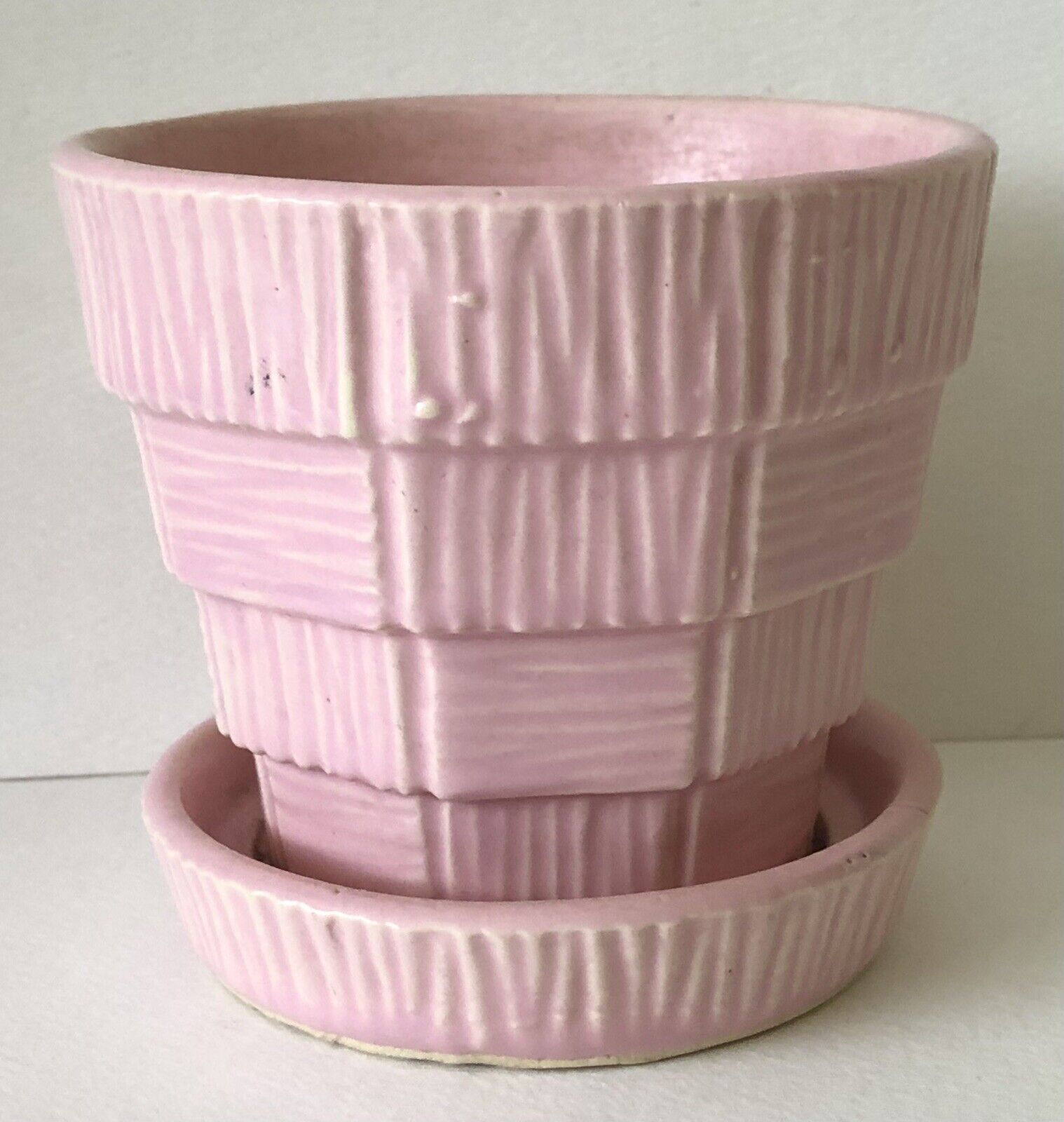 Vintage McCoy Mid Century Basketweave Art Pottery Pink Flower Pot Planter Vase