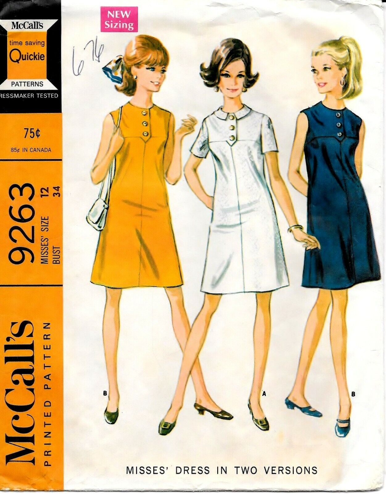 Vintage McCall\'s 9263 Pattern Misses Size 12 Sleeveless or Short Sleeve Dress