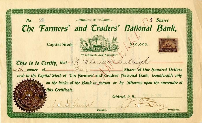 Farmers' and Traders' National Bank, of Colebrook, New Hampshire - Banking Stock
