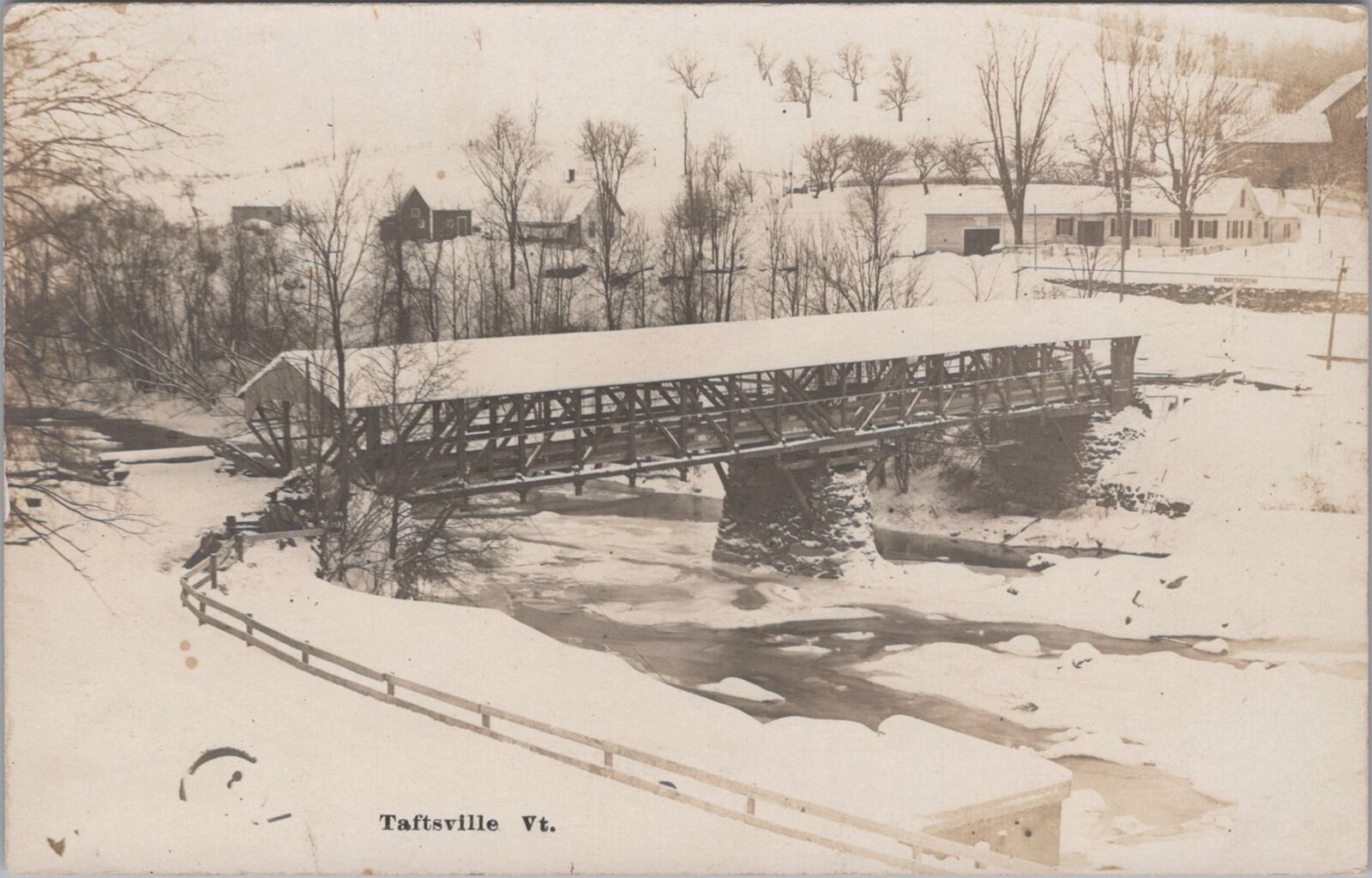 Taftsville Covered Bridge Vermont Winter Snow Scene 1910 RPPC Postcard
