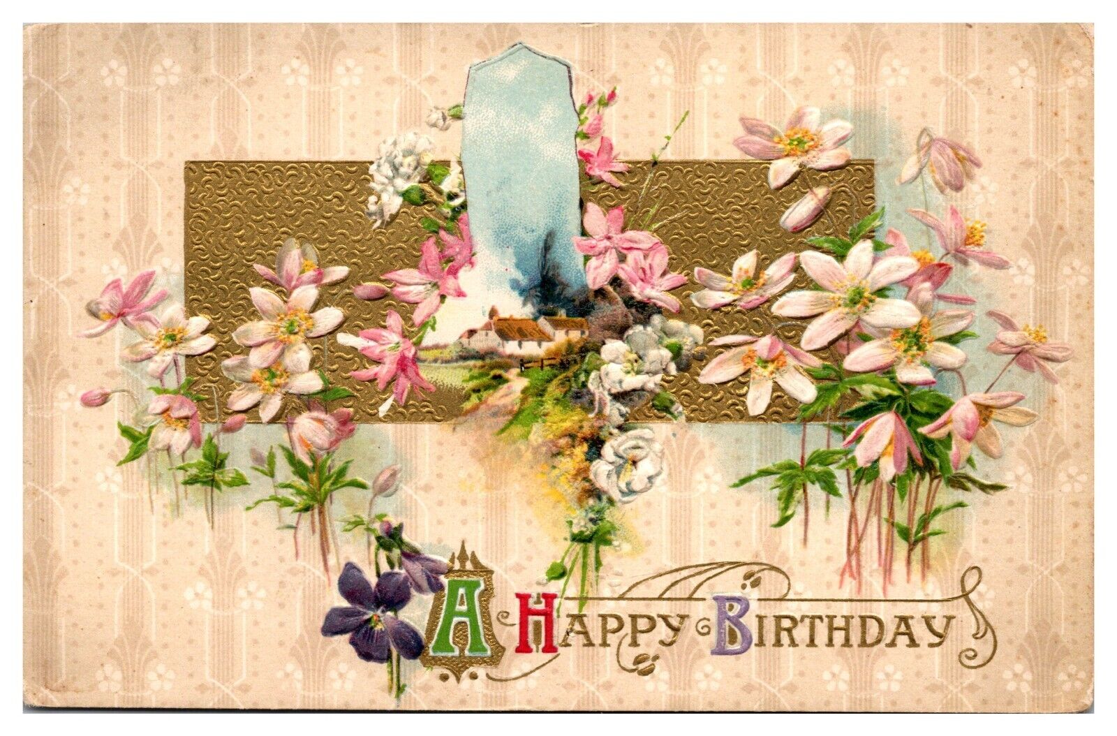 1910 A Happy Birthday, Floral, Embossed, Greetings Postcard
