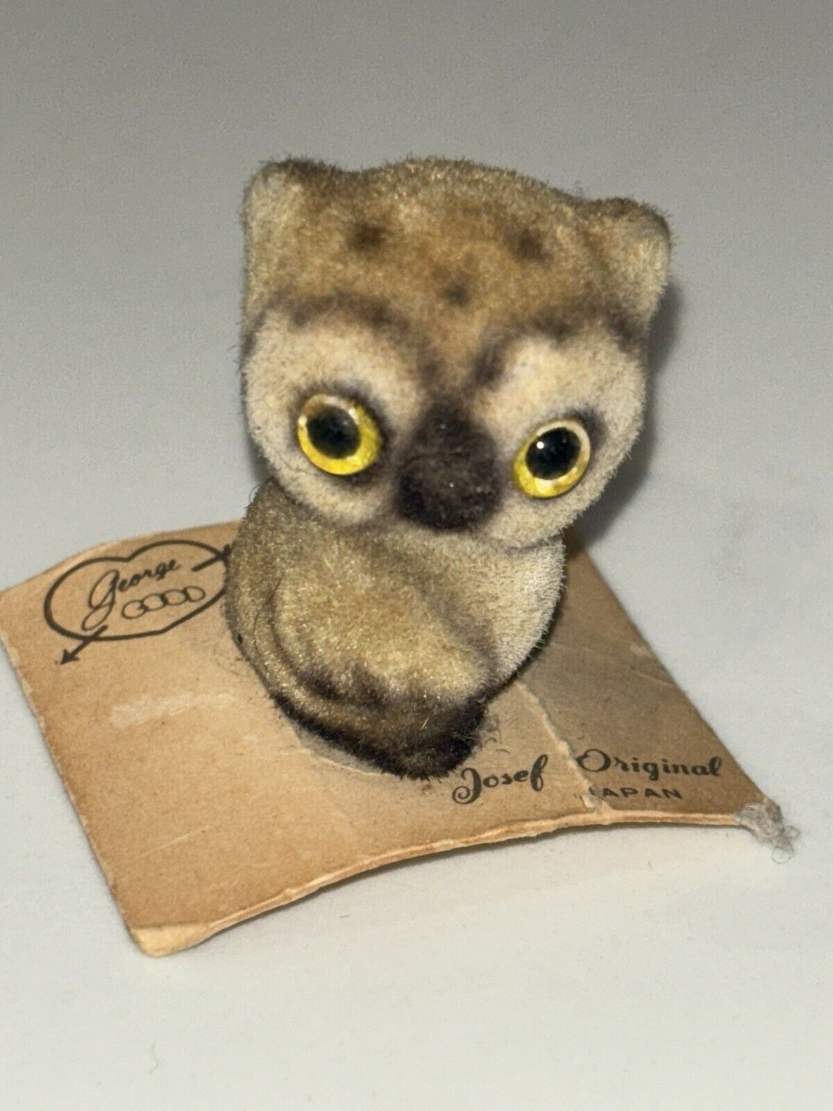 Vintage Josef Originals Small Flocked Owl Figurine Brown Yellow Eyes 60s 70s