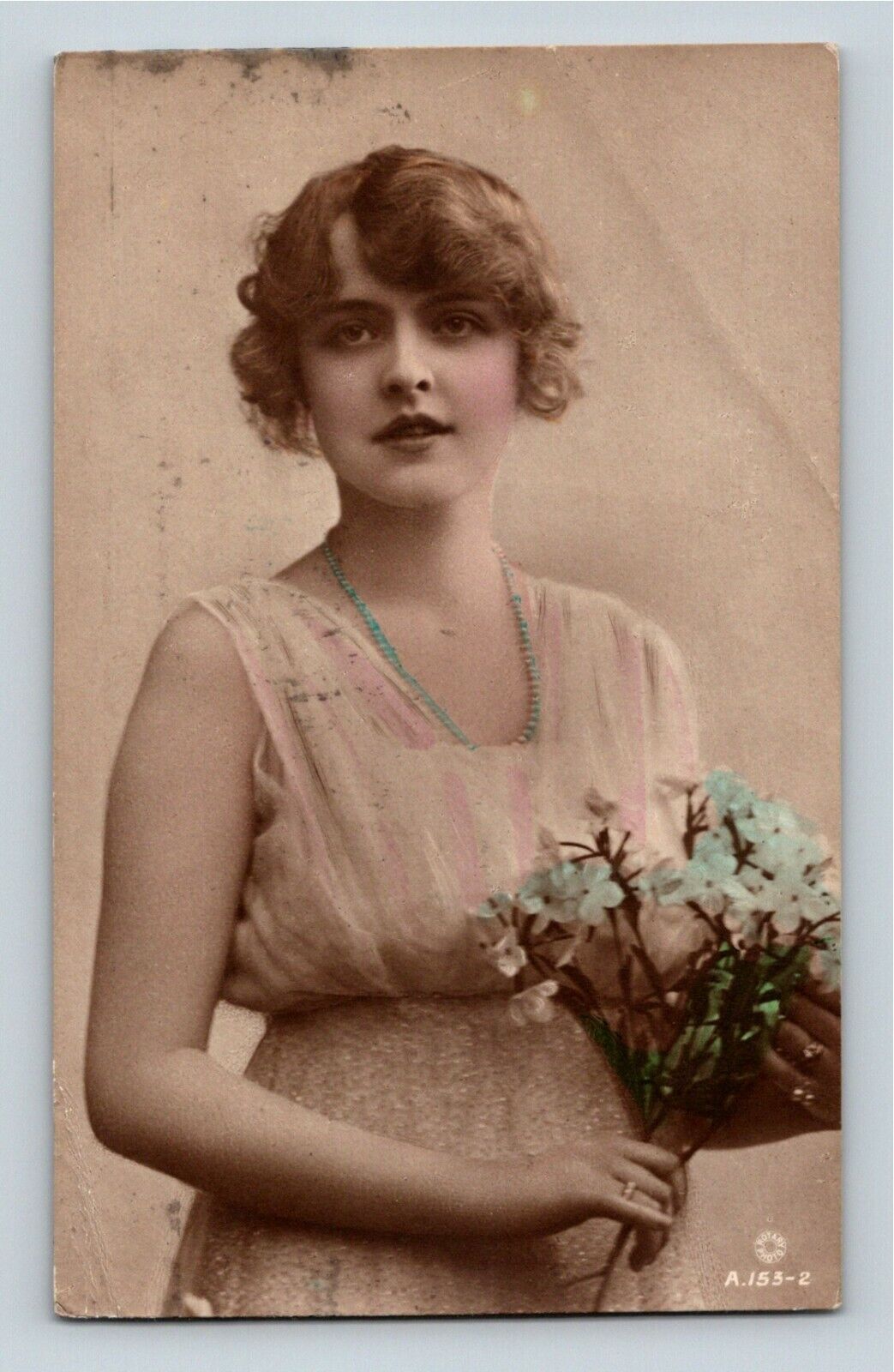 Miss Constance Worth Hand Painted British Beauty RPPC 1917 Blue Flowers