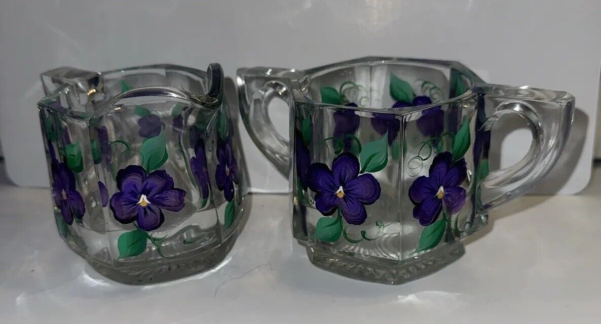 Mid Century Modern Vintage Glass Hand Painted Signed Floral Sugar & Creamer