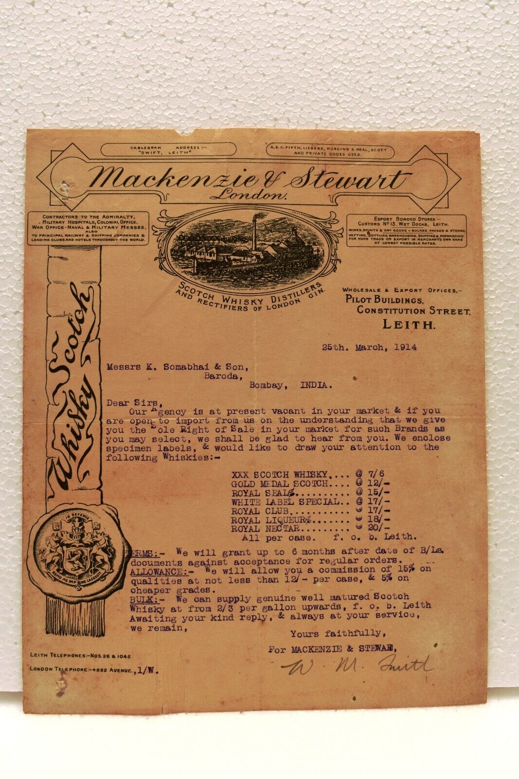 1914 Vintage Letterhead John Mackenzie & Stewart London Scotch Whisky Letter