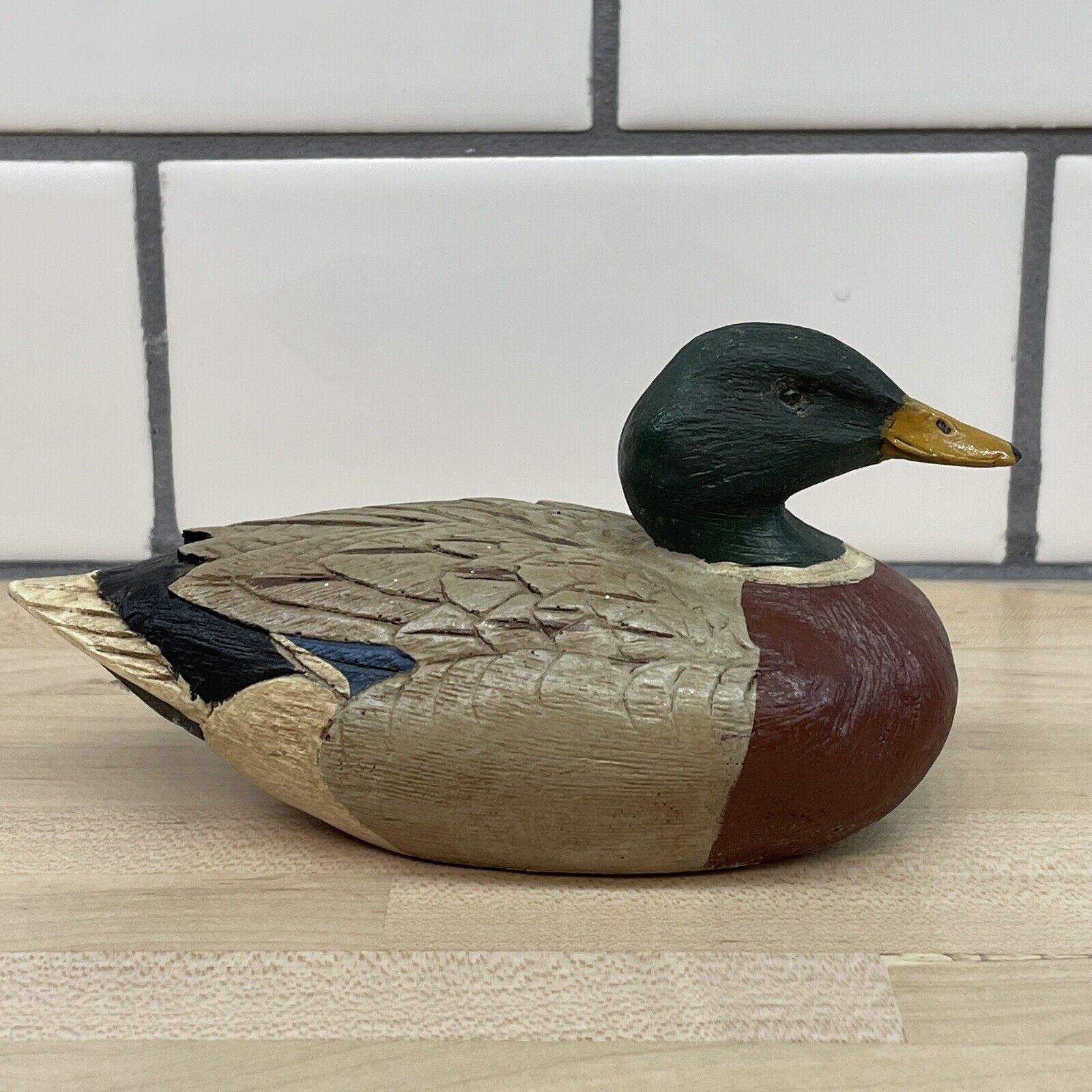 Vintage Hand Painted Carved Wood  Duck Decoy 5” Art Hunting Cabin Signed