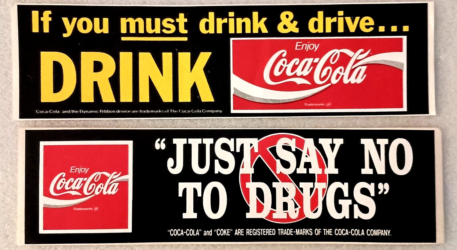 2 Vtg 1980s Coca-Cola Coke Don't Drink & Drive No Drugs Bumper Sticker New NOS