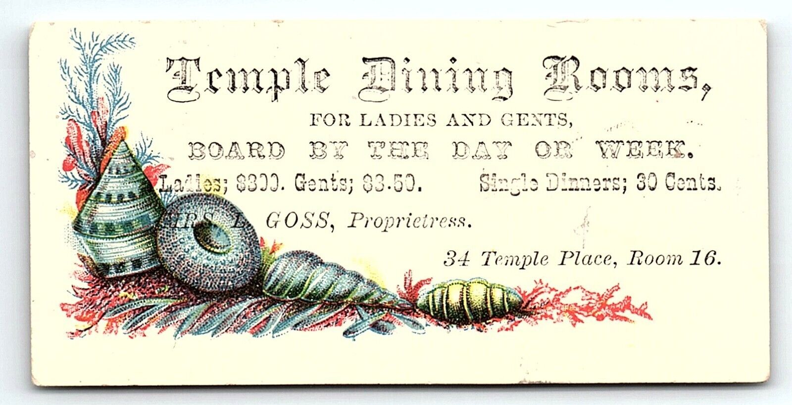 c1880 TEMPLE DINING ROOMS BOARD BY DAY OR WEEK GOSS VICTORIAN TRADE CARD Z1114