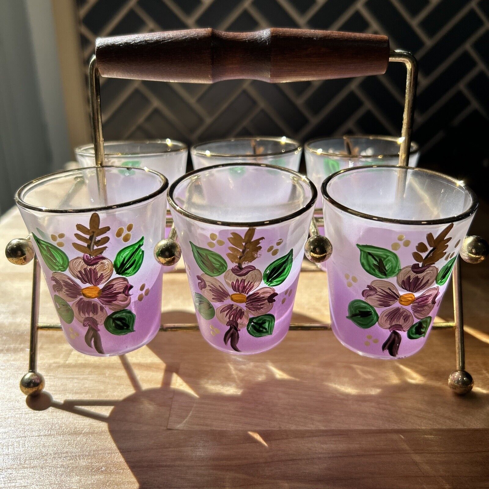 Vintage Frosted And Hand Painted Shot Glasses And Caddy