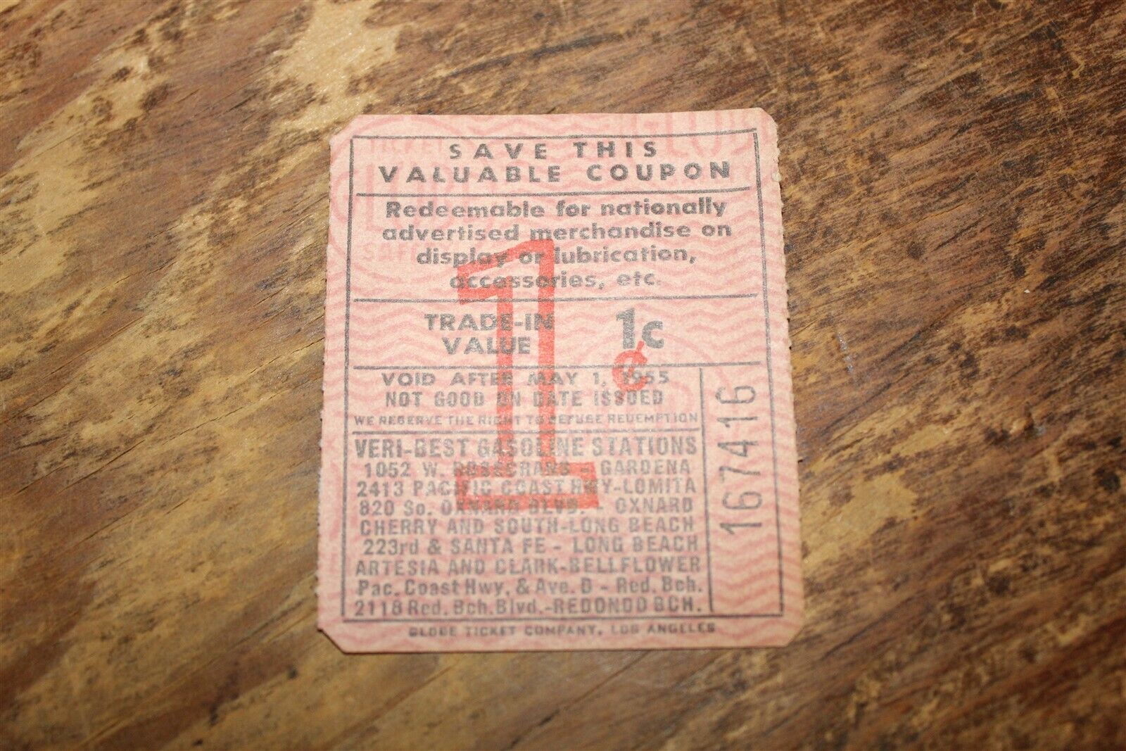 VERI-BEST GASOLINE STATIONS - 1 CENT COUPON 1955 RED
