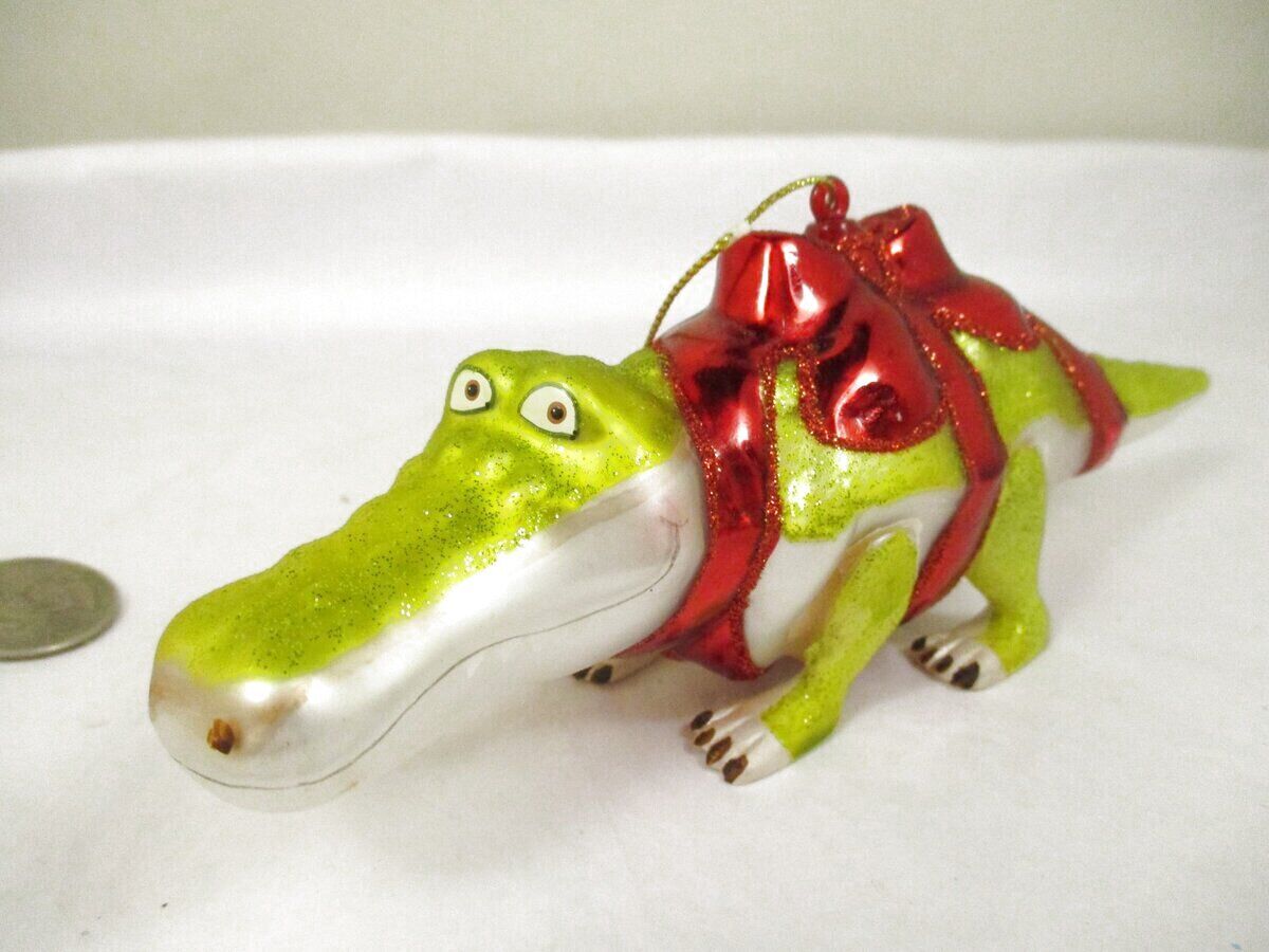 BestPysanky Blown Glass Resin Alligator in Red Bow Hanging Christmas Ornament Gl