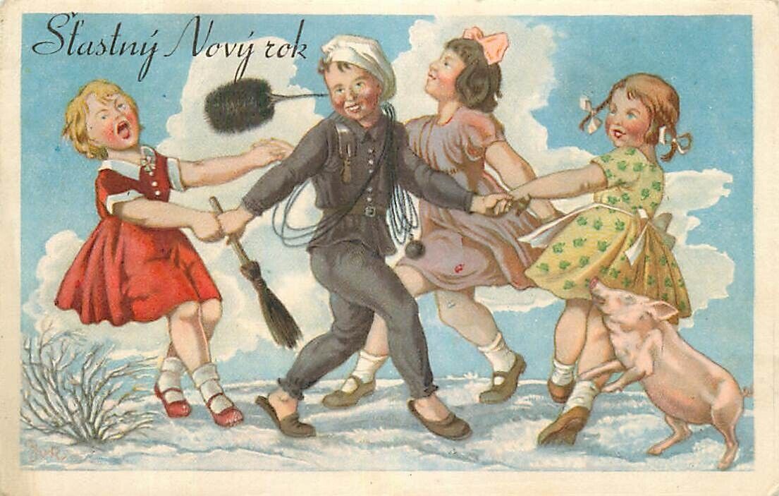 Czechoslovakia New Years Postcard 3 Young Girls Dancing w/ Chimney Sweep