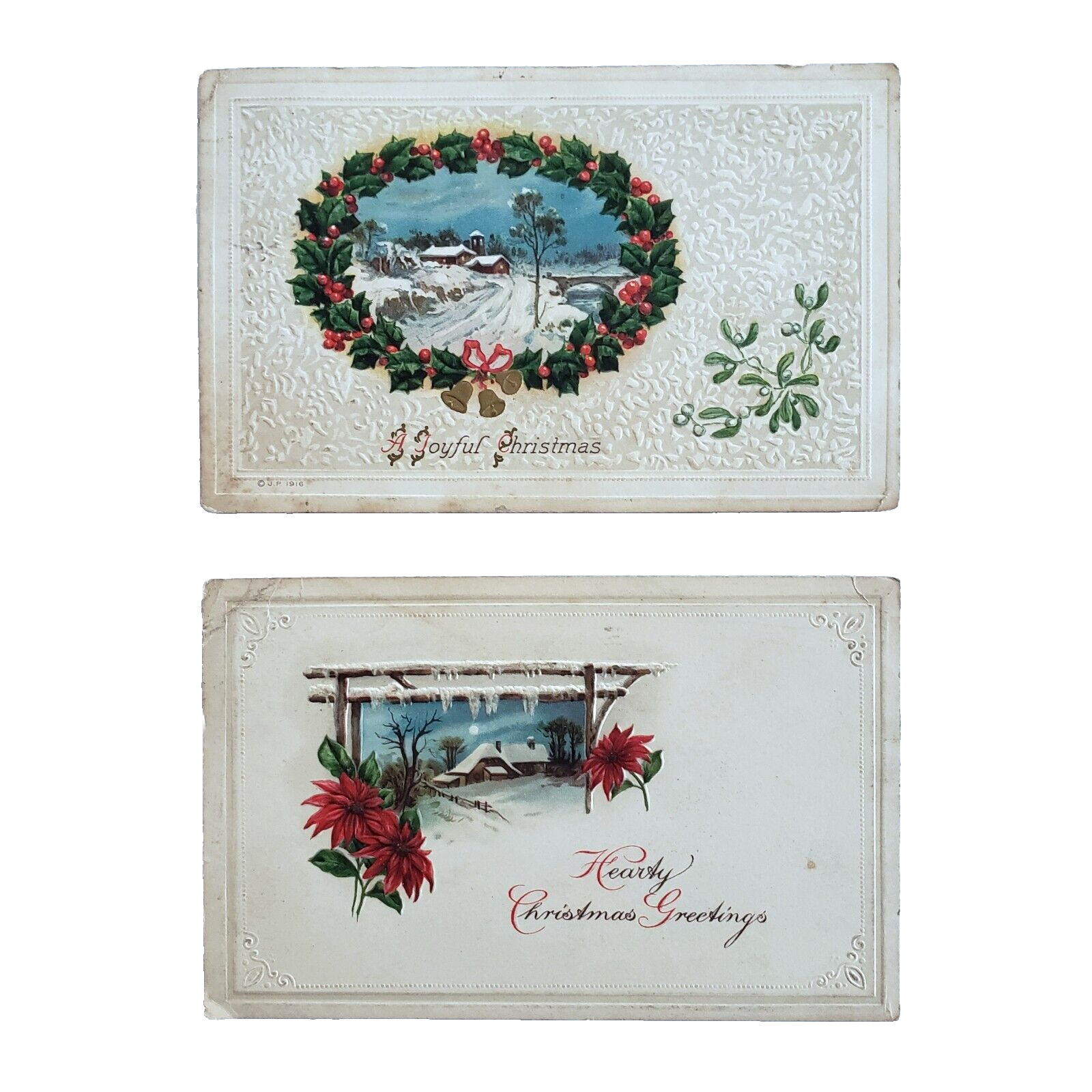 2 Vtg 1916 Christmas Postcards Winter Farmhouse Snow Pastoral Landscape Holly