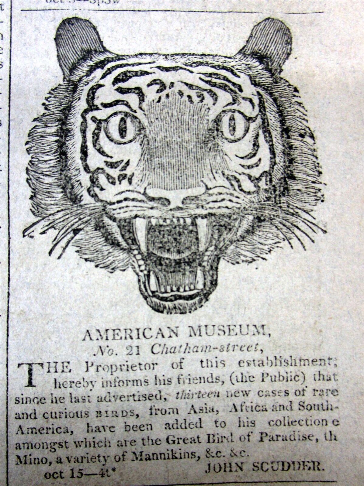 1810 newspaper w a large early FP illustrated CIRCUS AD featuring a fierce TIGER