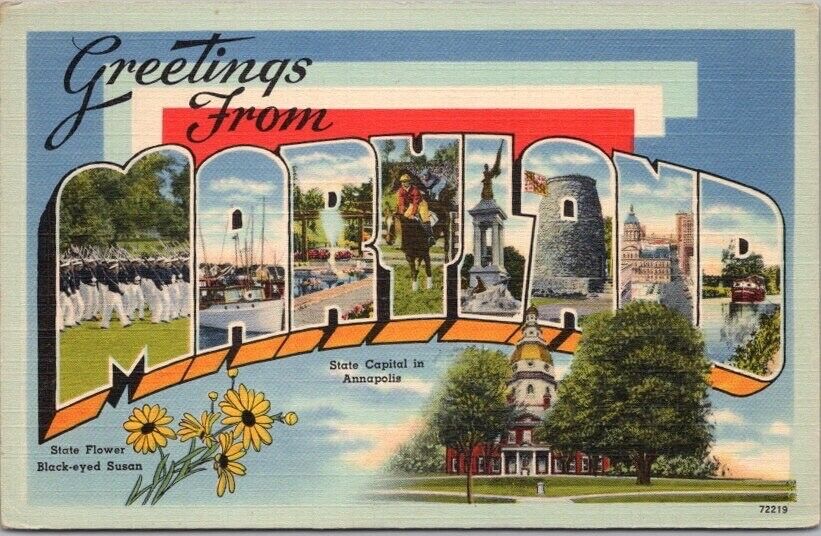 Vintage 1945 MARYLAND Large Letter Postcard State Capitol & Flower Tichnor Linen
