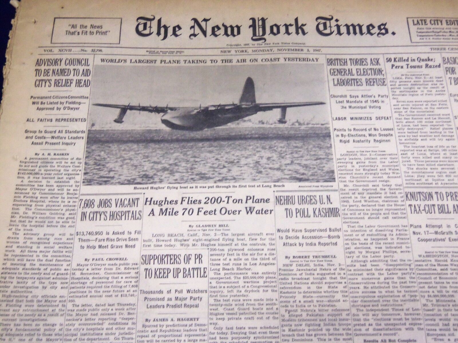 1947 NOVEMBER 3 NEW YORK TIMES - HUGHES FLIES 200 TON PLANE - NT 3305