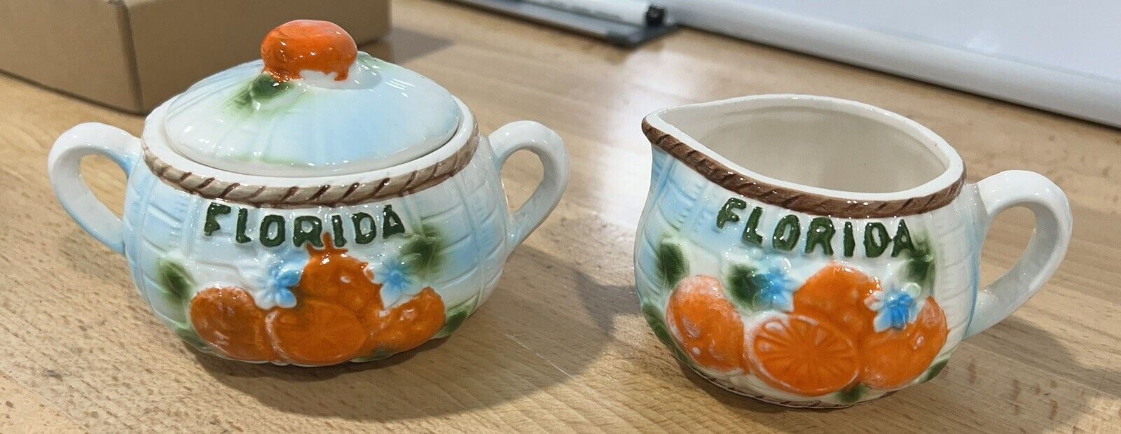 2 Vtg Florida Creamer Sugar Bowl Set Lot Souvenir Oranges 1960s 70s Japan Retro