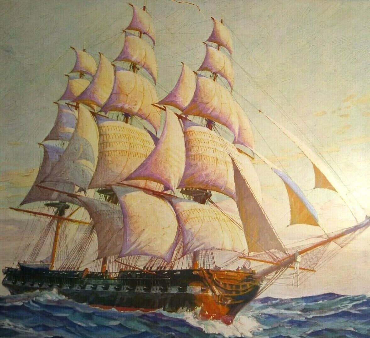Pirate Ship Art Print 1930s Original Vintage Lithograph Nautical Ocean Sailing