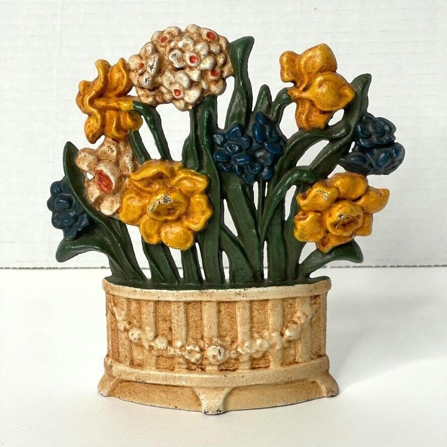 VTG John Wright Cast Iron Doorstop Flowers Floral Basket Urn Hubley Design read