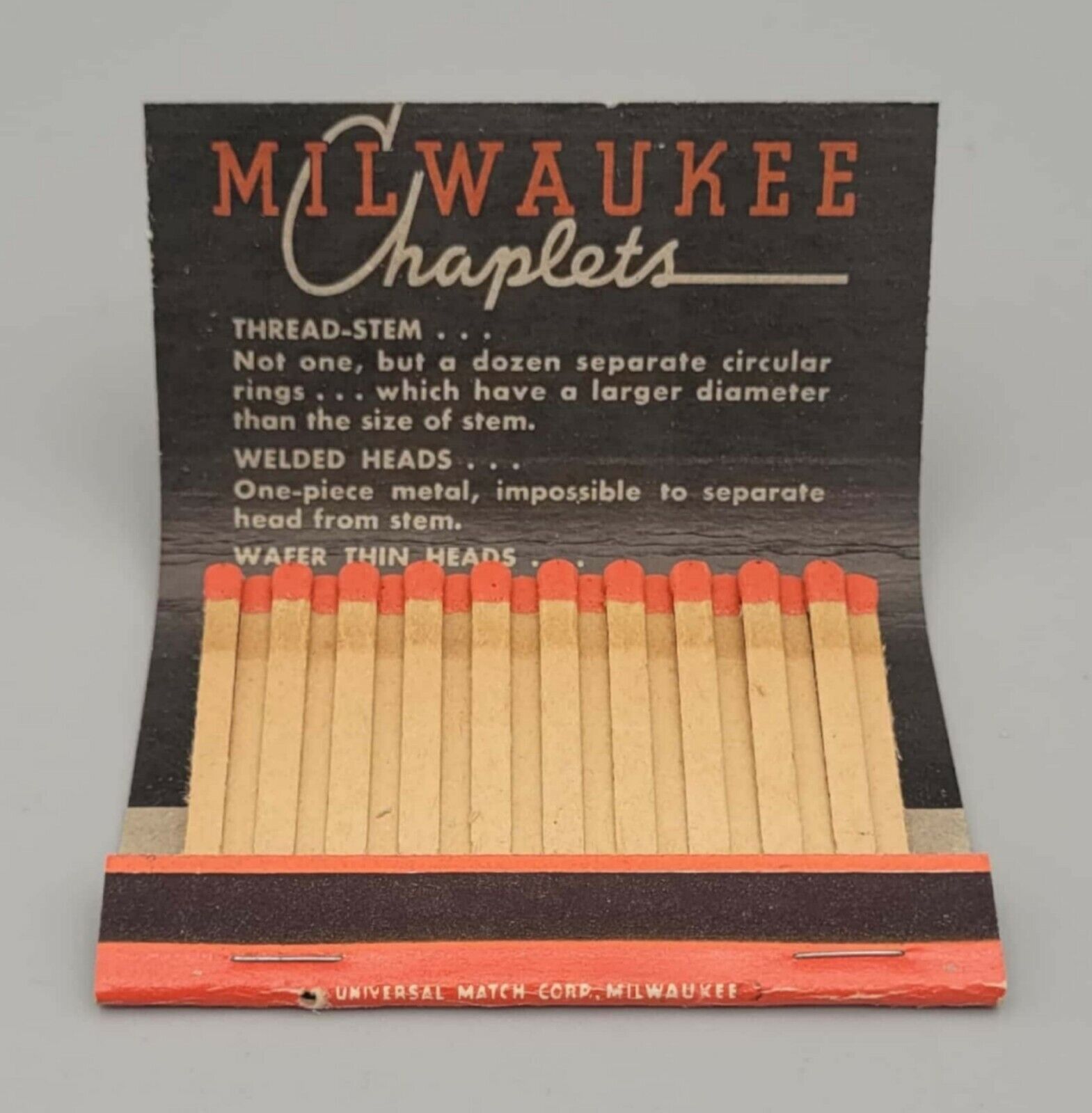Vintage Full & Unstruck Front Strike Matchbook - Milwaukee Chaplets (1960\'s)