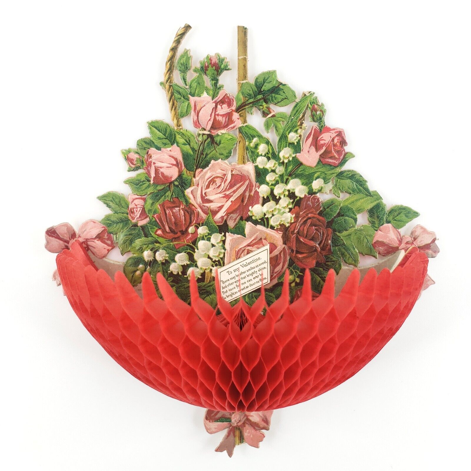 Victorian Rose Basket Honeycomb Valentine Card c1900 Antique Paper Flowers B444