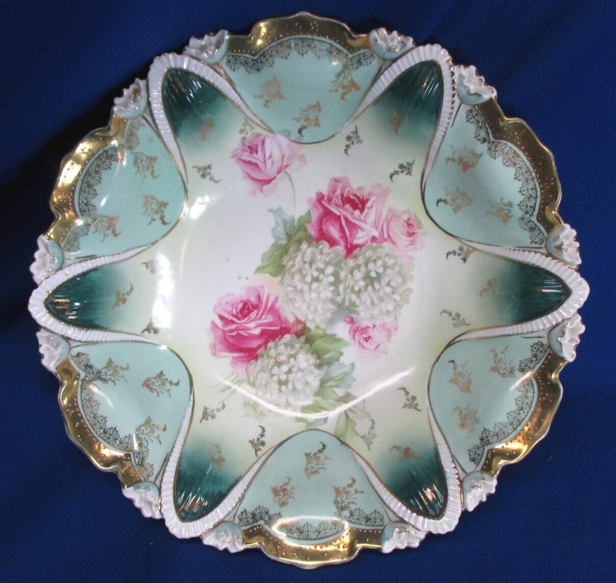 RS PRUSSIA RED WREATH MARK ROSES & SNOWBALLS TEAL & GOLD BOWL