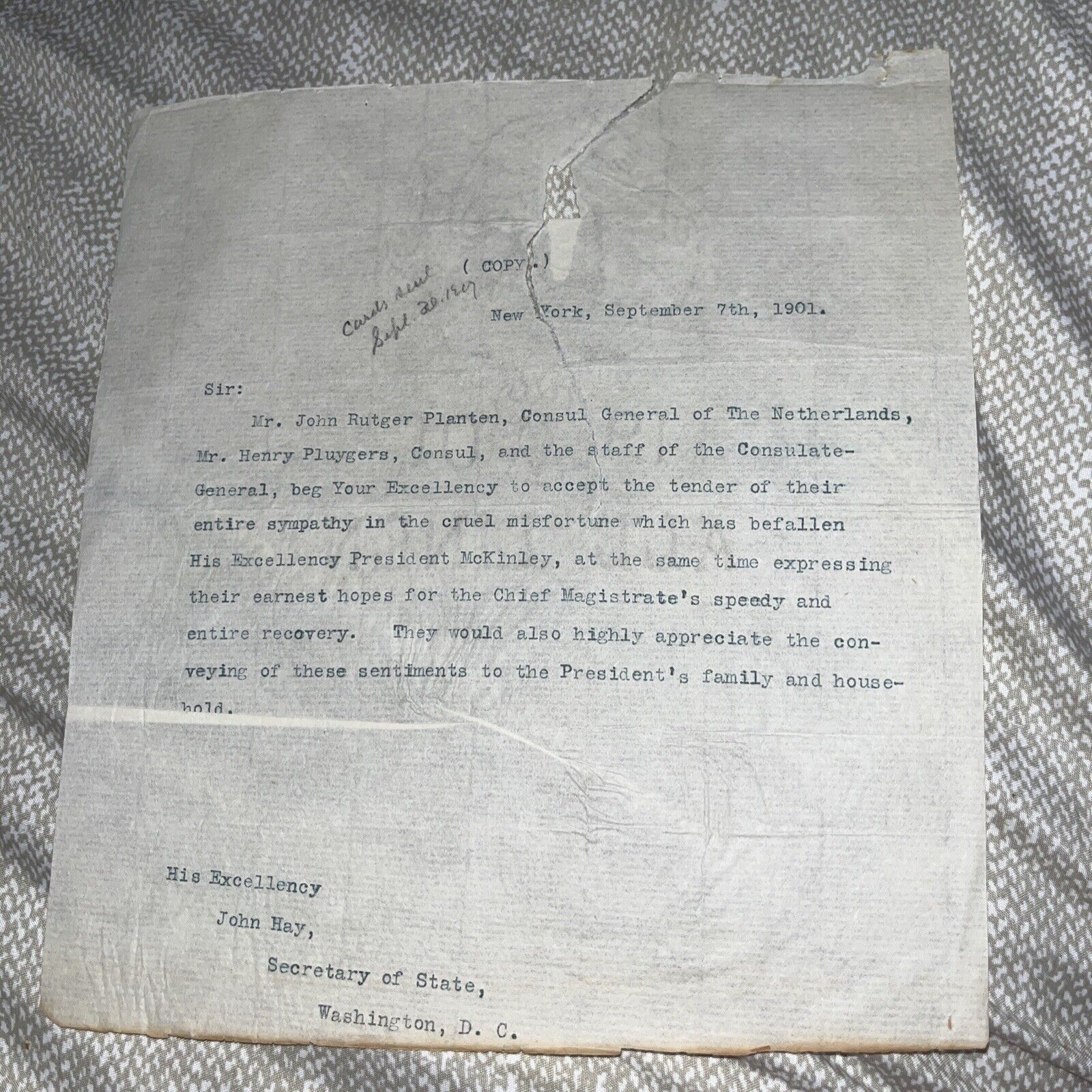 Antique Consul General Of the Netherlands Letter President McKinley Shooting