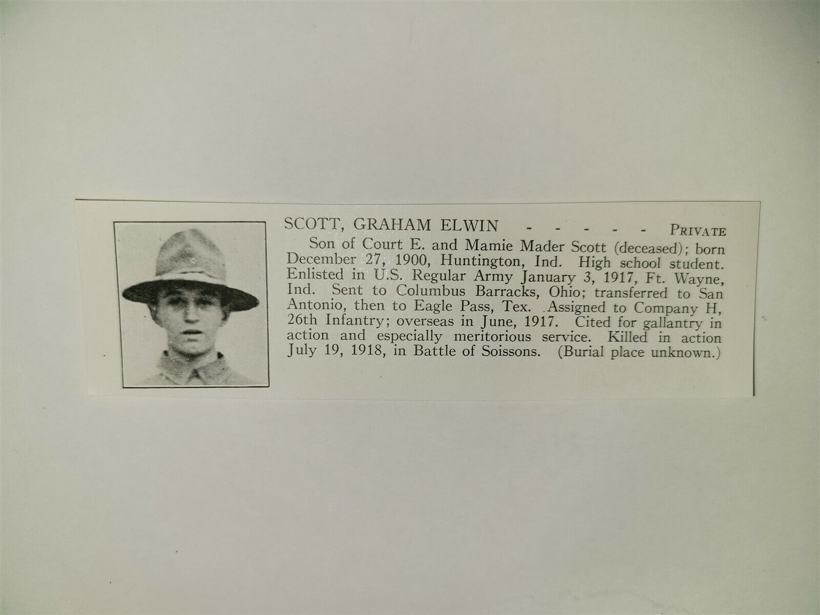 Graham Scott Huntington Indiana Eagle Pass Texas 1921 WW1 Hero Panel