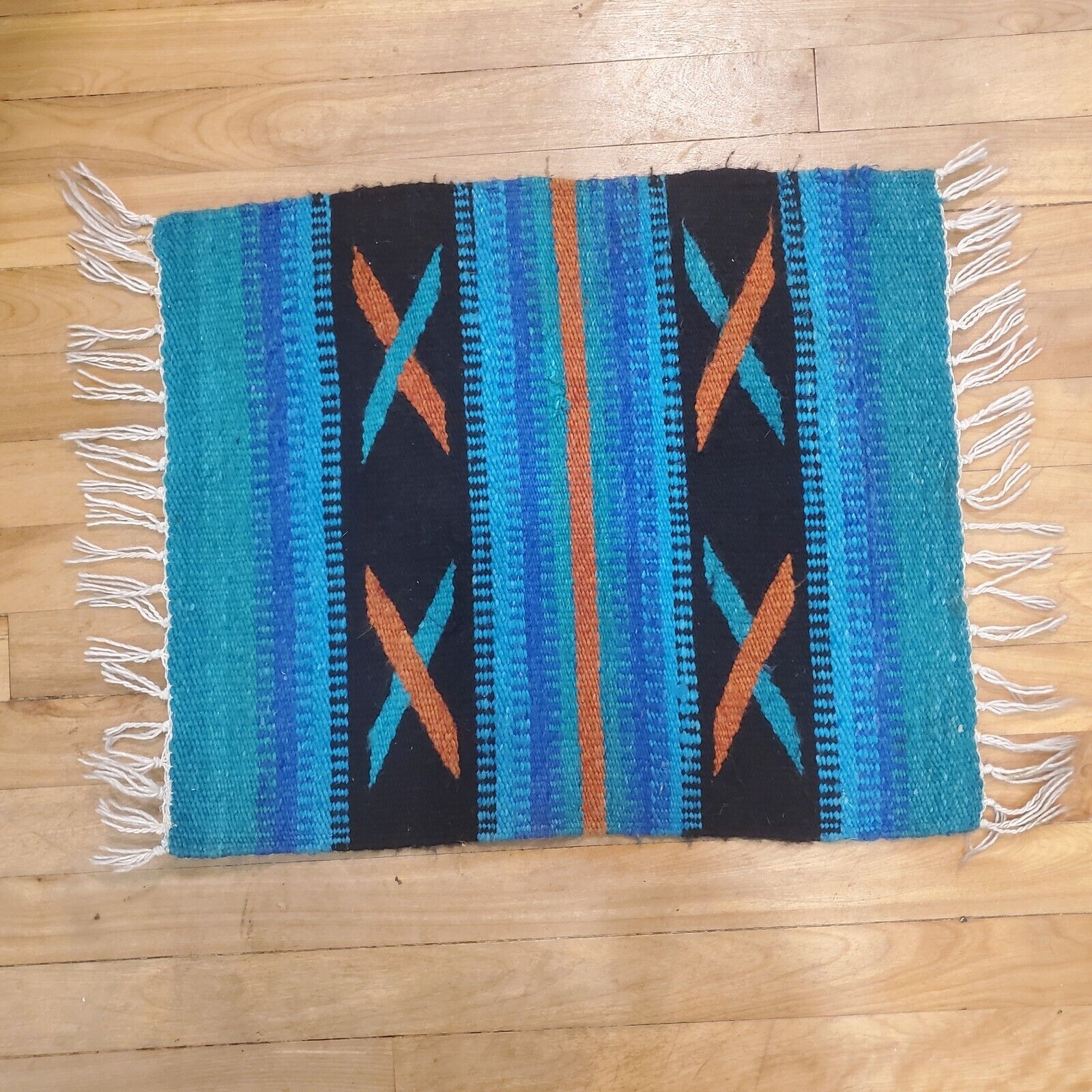 Zapotec Vintage Woven Stripes Small Rug Blue Black Southwestern Tassles