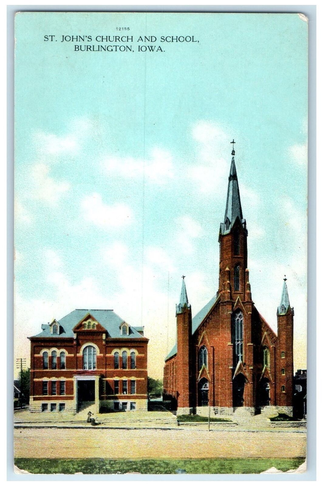 1909 St. Johns Church School Campus Building Dirt Road Burlington Iowa Postcard