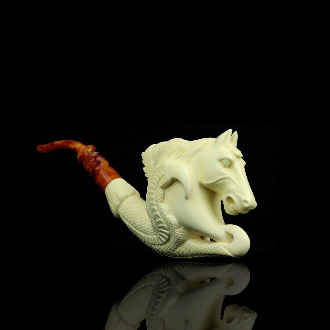 Eagle Claw Holds Horse Pipe New Block Meerschaum Handmade Custom Made Case#156