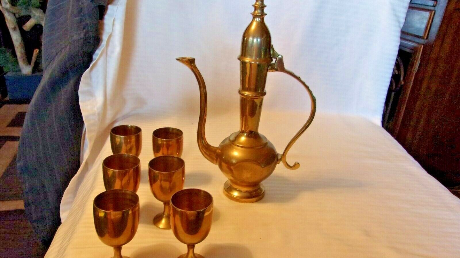 Vintage Decorative Brass Coffee or Tea Pot Made in India W/ 6 Small Goblets