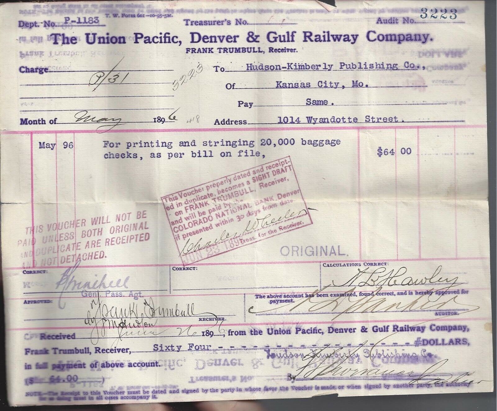 1896 Union Pacific, Denver & Gulf Railway Company Waybill 20,000 Baggage Checks
