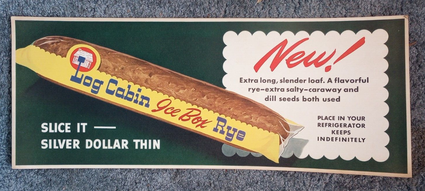 ORIG. 1950\'S LOG CABIN ICE BOX RYE CARDBOARD ADVERTISING SIGN. 11X28