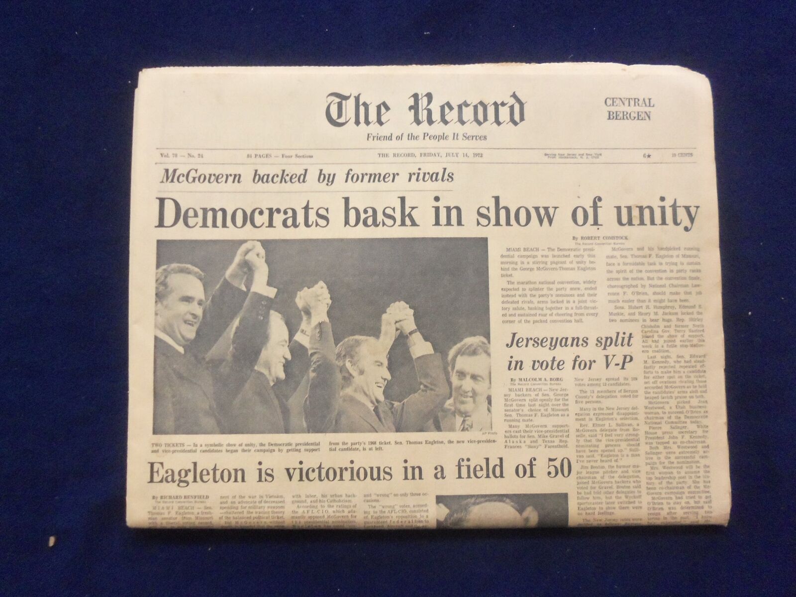 1972 JULY 14 THE BERGEN RECORD NEWSPAPER - MCGOVERN IS DEMS CANDIDATE - NP 6457