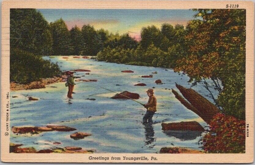 YOUNGSVILLE, Pennsylvania Greetings Postcard River Fishing / Curteich Linen 1952