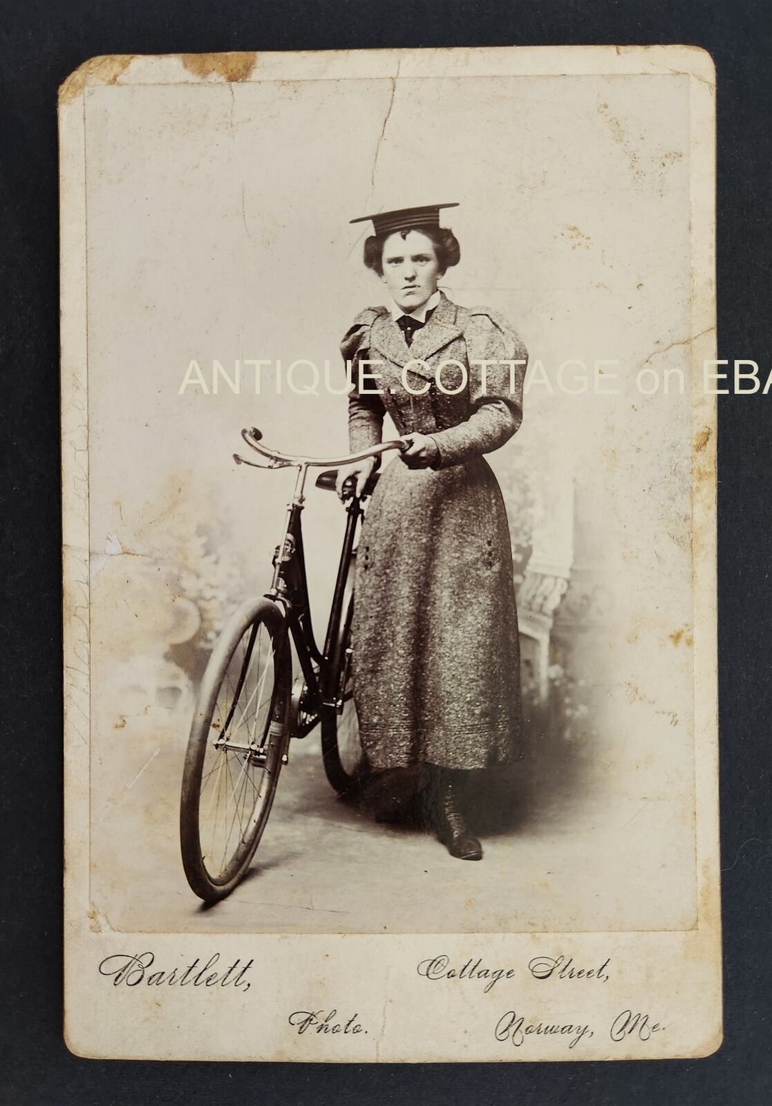 antique PHOTO norway me WOMAN w BICYCLE identified cabinet card